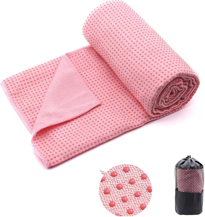 Eunzel Yoga Towel,Hot Yoga Mat Towel with Grip Dots Sweat Absorbent Non-Slip for Hot Yoga, Pilates and Workout 24" x72", Pink
