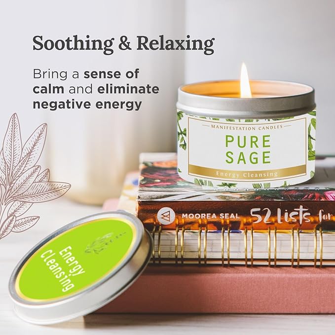 Magnificent 101 Long Lasting Pure Sage Scented Candle - 6 oz - 35 Hour Burn - Natural Soy Wax Smudge for House Energy Cleansing, Positive Vibes & Manifestation