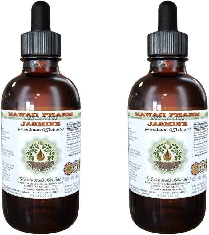 Jasmine Alcohol-Free Liquid Extract, Organic Jasmine (Jasminum officinale) Dried Flower Glycerite Hawaii Pharm Natural Herbal Supplement 2x4 oz