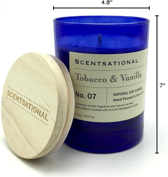 Scentsational Tobacco and Vanilla Natural Soy Candle - Single Lead-Free Wick - Earthy Sweet Smell - Hand Poured in Blue Jar with Wooden Lid - 11 oz