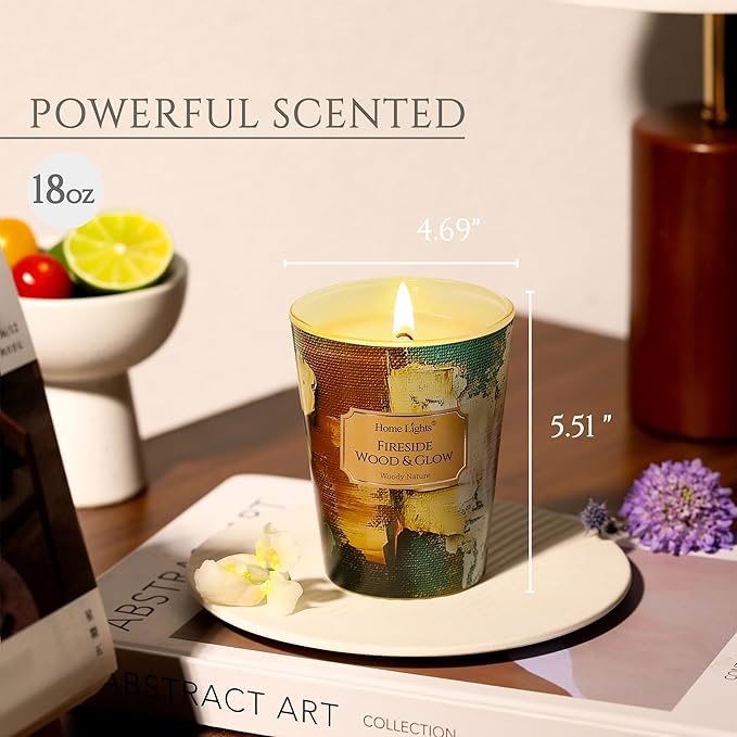 HomeLights 1-Wick Candles for Home Scented - 6.7oz Soy Wax Blend Candle Long-Lasting Fragrance, Industrial Chic Home Decor and Housewarming Gifts, Fireside Wood & Glow