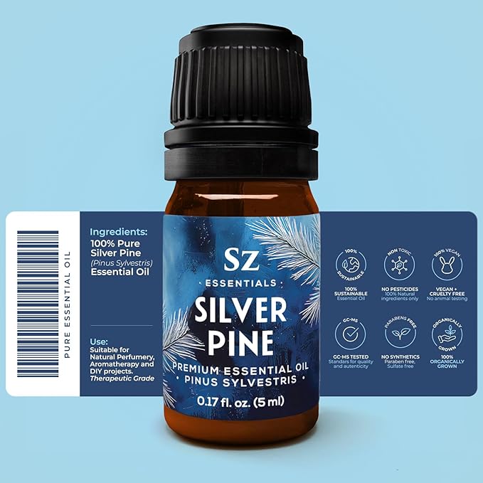 Silver Pine Essential Oil - 100% Pure & Undiluted- Extracted from Pinus Sylvestris - Clean & Fresh Scent with Woody Overtones - Therapeutic Grade & Vegan - 0.17oz (5ml)
