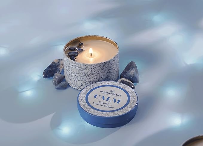 Luxury Candle Tin, 6 OZ, Calm - Sodalite Healing Crystal Infused - Scents of Chamomile, Howood, & Sage - Destress, Insight, Serenity, & Peace - Coconut Wax, Essential Oils