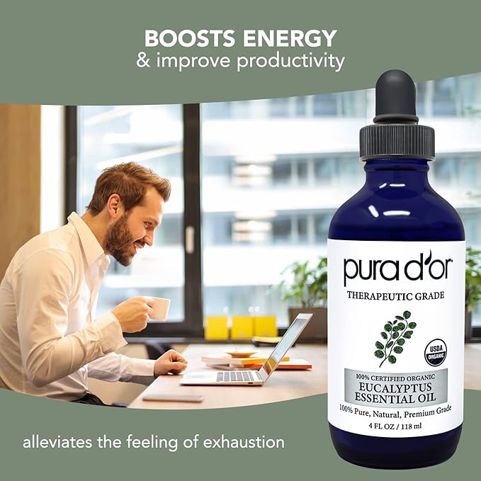 PURA D'OR Organic Eucalyptus Essential Oil (4oz with Glass Dropper) 100% Pure & Natural Therapeutic Grade for Hair, Body, Skin, Aromatherapy Diffuser, Relaxation, Massage, Home, DIY Soap