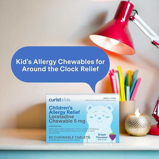 Curist Children's Allergy Medicine Chewable (Loratadine 5mg) 120 Count Grape Flavor - 24 Hour Allergy Relief for Sneezing, Runny Nose, Itchy Eyes & Throat - Kids Allergy Chewable Tablets (Pack of 2)