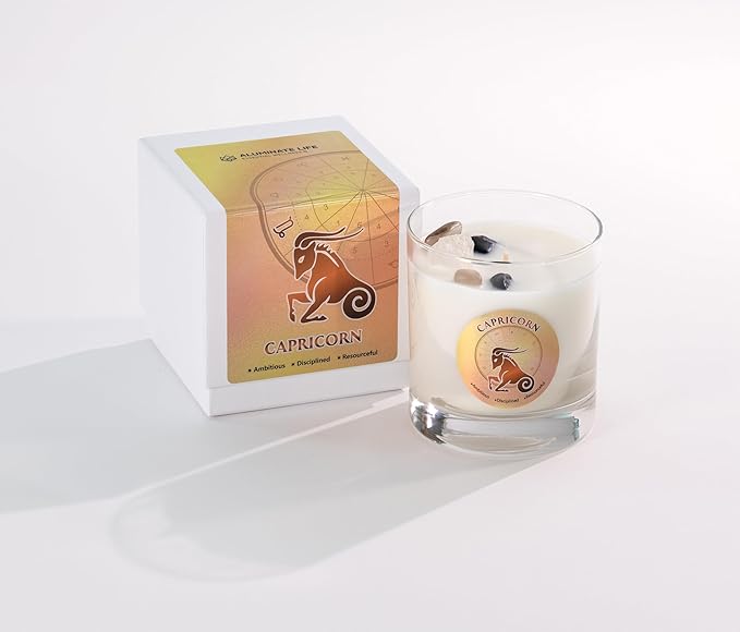 Luxury Glass Jar Candle, Capricorn Zodiac Sign, 8.8 oz - Crystal Infused - Scents of Citrus, Lavender, Spice, & Wood - USA Made, Coconut-Soy Wax, Essential Oils, Dr. Developed