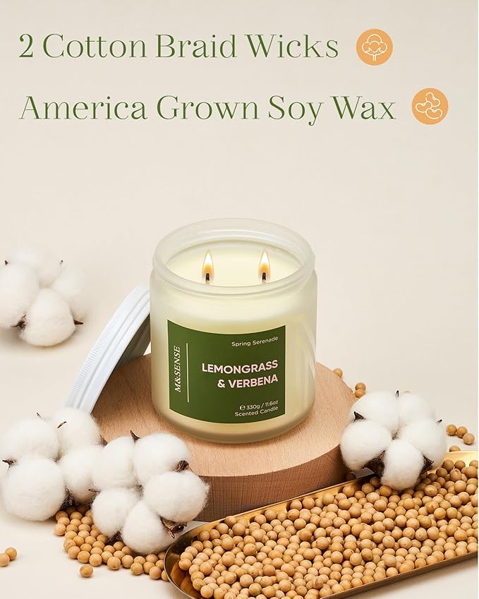 M&SENSE Lemongrass Verbena Scented Candle - 11.6oz 70 Hours Burn Time Natural Soy Wax Non-Toxic Candle, 2-Wick Aromatherapy Home Decor Fragrance Gifts for Relaxation & Stress Relief