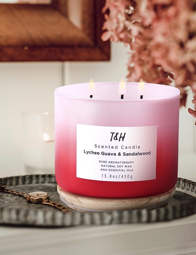 Lychee Guava Sandalwood 3-Wick Soy Scented Candle, 15.8 oz Large | Tropical Fruity Candle for Home | Aromatherapy Candle | Highly Scented, Clean Burning, Long Lasting