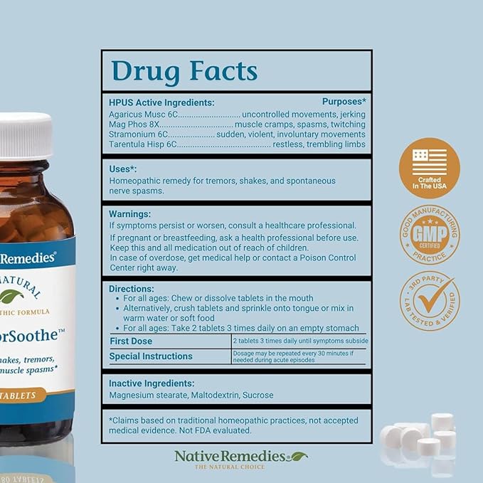 Native Remedies TremorSoothe - Natural Homeopathic Formula to Temporarily Control Shakes, Tremors, Muscle Spasms and Twitches -180 Tablets