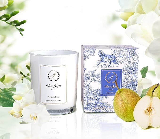 Natural Soy Wax Candle | English Pear, Freesia & Amber | Luxurious Scented Candle Fragrance Aromatherapy | Clean Burning | Handcrafted | Plant-Based Vegan Eco Friendly | Pure Essential Oil