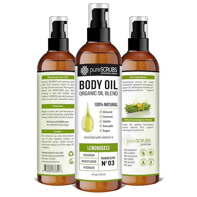pureSCRUBS Ultra Moisturizing Lemongrass Body Oil Spray for Dry Skin, Massage, & More, Organic Super Blend of Jojoba, Argan, Coconut, Sweet Almond & Avocado Oils Enriched with Vitamin E, Lg 4oz