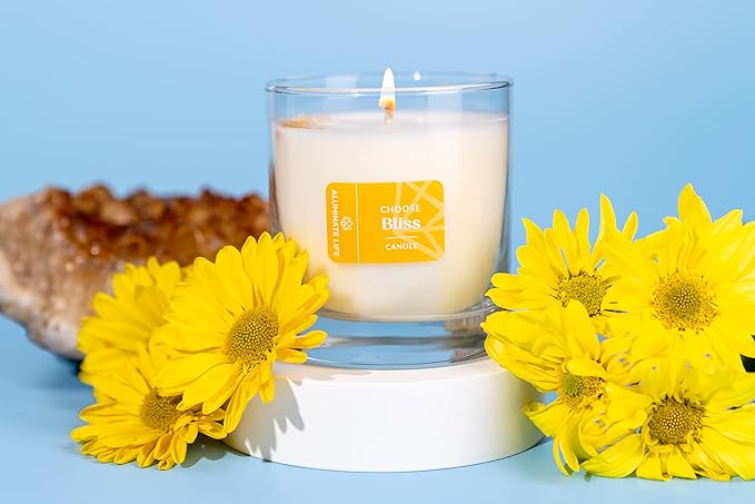 Luxury Glass Jar Candle, 8 OZ, Choose Bliss - Citrine Crystal Infused - Scents of Grapefruit, Bergamot, and Spiced Pear - Happiness, Joy, & Contentment - Coconut Wax, Essential Oils