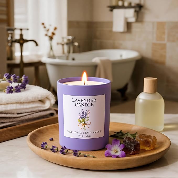 NORVENCE Lavender Candle, Lavender Scented Candles for Women, 10oz Soy Candles with Bamboo Lid for Home Scented, Birthday Gifts for Women and Men, Hand-Poured Candle for Relaxation, Home Decor