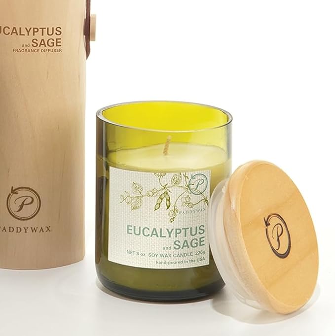 Paddywax Eco Collection Soy Wax Blend Candle in Glass Jar, Eucalyptus & Sage Scent, Green Vessel with Wood Lid, 8 oz
