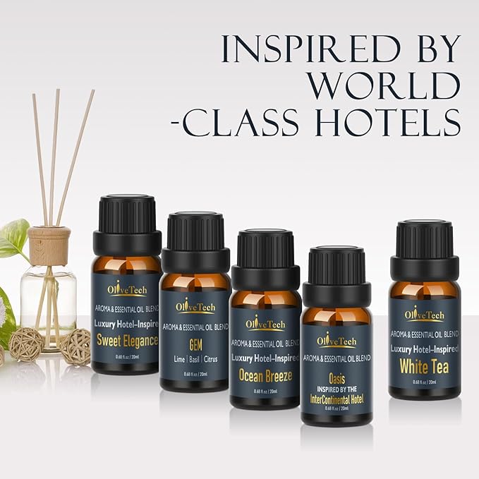 Hotel Collection Diffuser Oil Gift Set - 5 x 20ml / 0.68 fl oz, OliveTech Hotel Fragrance Oil Inspired by Iconic Luxury Hotel, White Tea, GEM & Oasis Scents, Glass Bottles