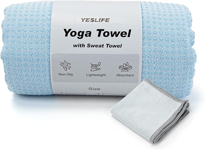 YESLIFE Non-Slip Extra Thick Hot Yoga Towel with One Sweat Towel, Microfiber Sweat Absorbent Yoga Mat Towel with Grip Dot, Pilates Mat, 72" x 24", Light Blue