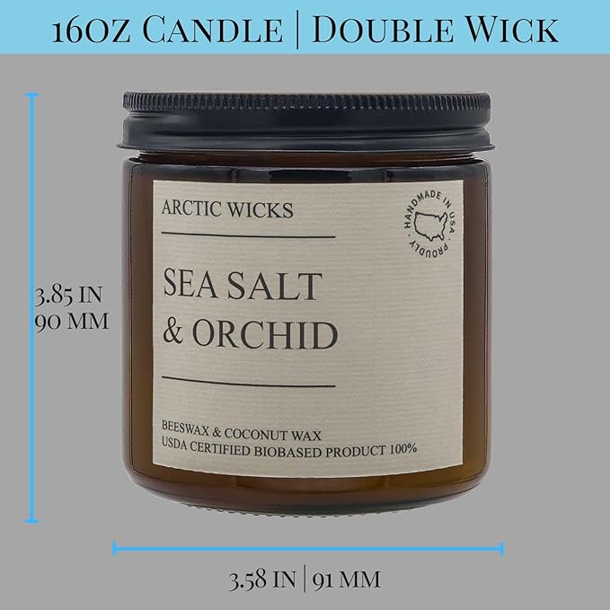 Spring Scented Candle 3 Pack Set | Sea Salt & Orchid, Ocean Breeze, Arctic Storm | Arctic Wicks Coconut Oil & Beeswax Candles | 16oz Amber Non-Toxic Candles, Clean Burning 100% USDA Certified Biobased