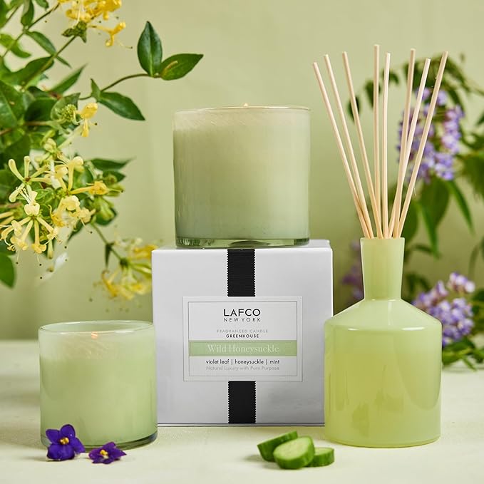 LAFCO New York Signature Candle, Wild Honeysuckle - 15.5 oz - 90-Hour Burn Time - Reusable, Hand Blown Glass Vessel - Made in The USA