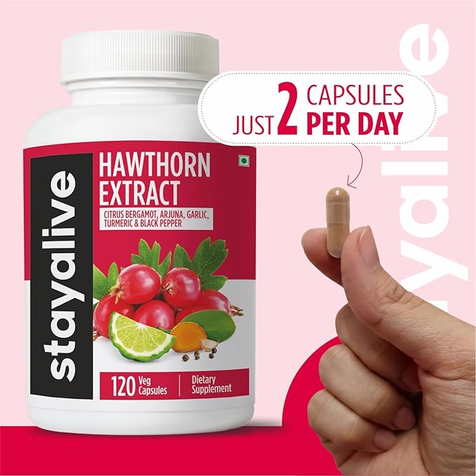 STAY ALIVE Hawthorne Berry Supplement, 20:1 Extract, 6-in-1 Hawthorn w/Citrus Bergamot, Turmeric Root Powder, Garlic, Arjuna & Black Pepper, 120 Pills, Non-GMO & Gluten-Free Hawthorn Berry Capsules