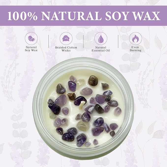 Lavender Amber Scented Candles with Crystals Inside, 9oz Soy Candles for Home Decor, Birthday Spiritual Gift Mothers Day Candle for Women Mom