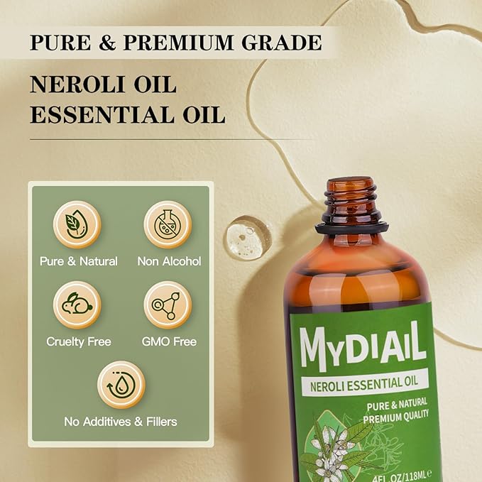 Neroli Oil (4OZ) Natural & Undiluted Neroli Essential Oil Premium Grade Aromatherapy Oil for Diffuser, Skin Care, Massage, Bathing, Soap & Candle/Perfume Making - 118ML
