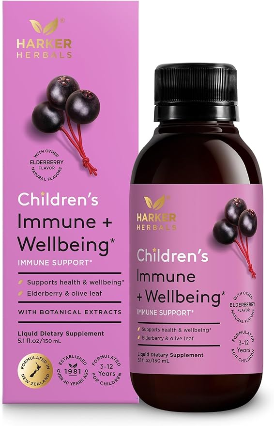 Children's Immune + Wellbeing Herbal Syrup, Daily Immunity with Elderberry, Echinacea & Olive Leaf, High Absorption, Elderberry Flavor, Plant-Based - 5.1 Fl oz (30 Servings)