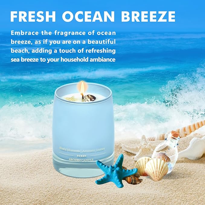 Ocean Scented Candles Gift for Women-10oz Aromatherapy Sea Beach Soy Candles for Home Scented with Healing Crystal inside-55H Burn Gifts for Christmas, Birthday, Women, Mother's Day