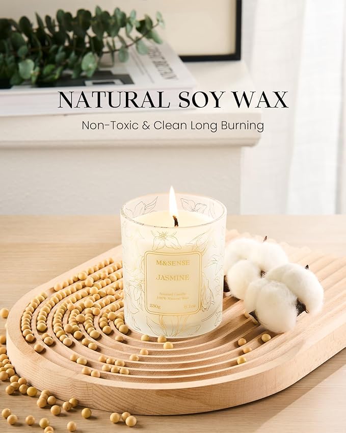 M&SENSE Jasmine Scented Soy Candles, 8.1oz 42-Hour Long Last Burning Time, No Toxin Aromatherapy Stress Relief Home Fragrance for Her