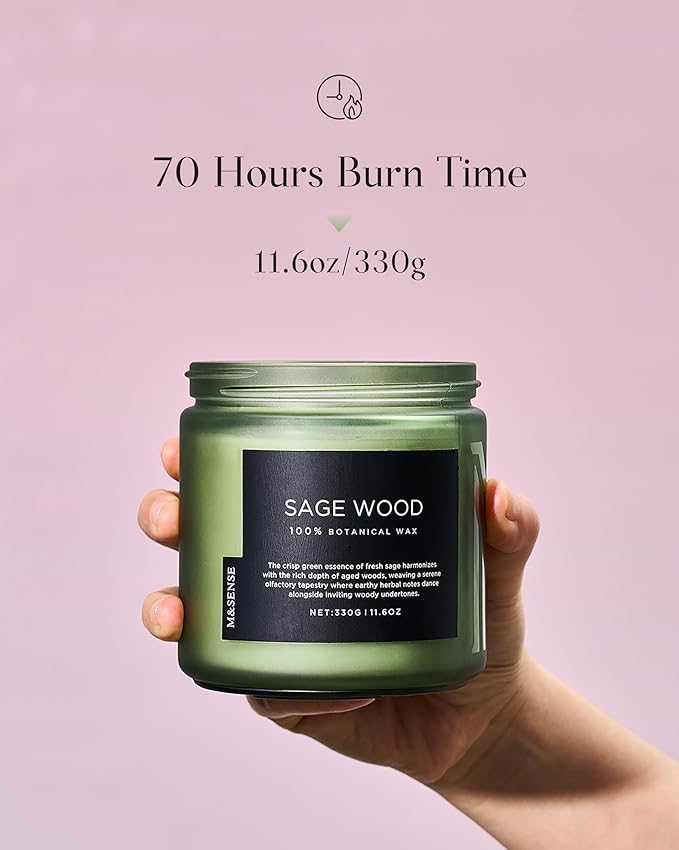 M&SENSE Sage Wood Scented Candle, 11.6oz 70 Hours Long Lasting Clean Non Toxic All Natural Soy Wax Candle for Relaxing & Stress Relief, 2 Wick Home Fragrance Gifts for Home Decor
