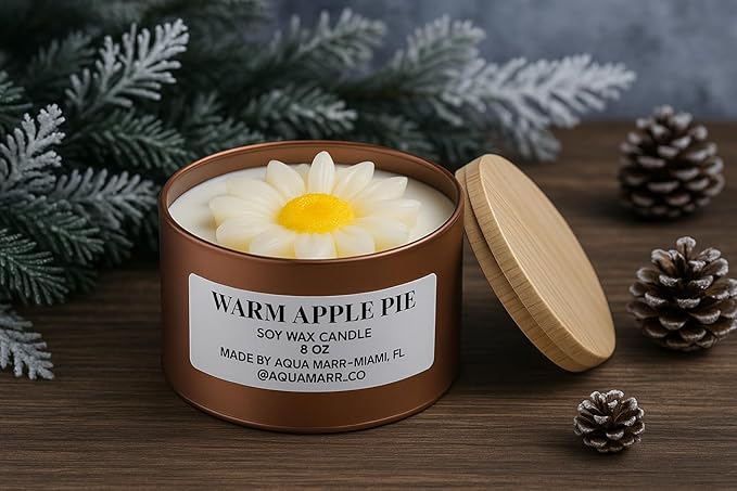 Aqua MARR Handcrafted Warm Apple Pie Soy Wax Candle, 8oz, Gold Metallic Jar with Decorative Top