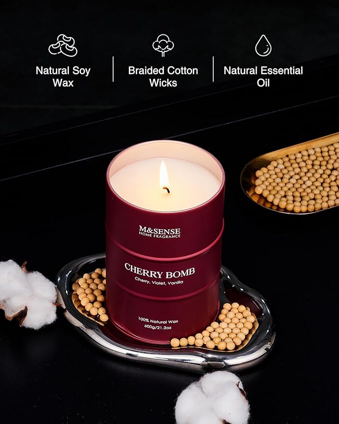 M&SENSE Cherry Bomb Scented Candles, Large Sweet Candle for Home Scented, Natural Soy Wax Candle, Candles Gifts for Women, 21.2 oz 120 Hours Burn