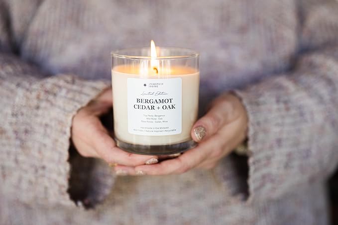 PERIPETI Home Bergamot, Cedar + Oak Scented Candle, Classic Wick – 8.5oz Natural Soy Wax for Energizing Aromatherapy, Long-Lasting Burn