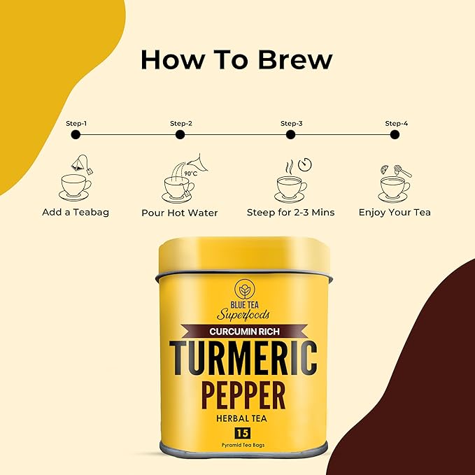 BLUE TEA - Turmeric Tea - Pepper - 15 Count - Pyramid Plant Based Tea Bag | CURCUMIN RICH - HERBAL BLEND | Caffeine Free - Gluten Free - Herbal Tea - Earthy Flavor - Healthy | Tin Pack