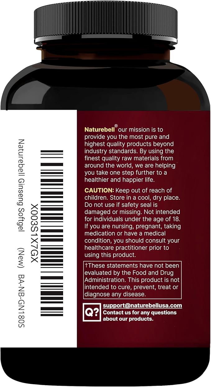 NatureBell Panax Korean Red Ginseng - 240 Softgels - 2,250mg High Strength Herbal Vitality Support* - Standardized 10% Ginsenosides from Six-Year-Old Ginseng Root - Energy & Immune Support*