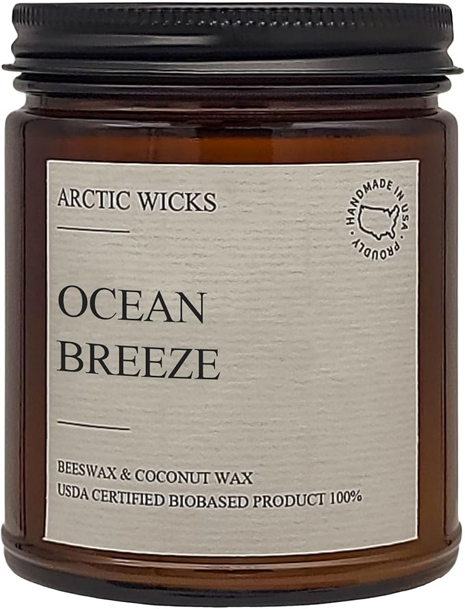 Arctic Wicks Scented Coconut Beeswax Candles | Coconut Beeswax Non Toxic Candle 9oz Amber | Farmhouse Candles Non-Toxic Clean Burn 100% USDA Certified Biobased (Ocean Breeze)