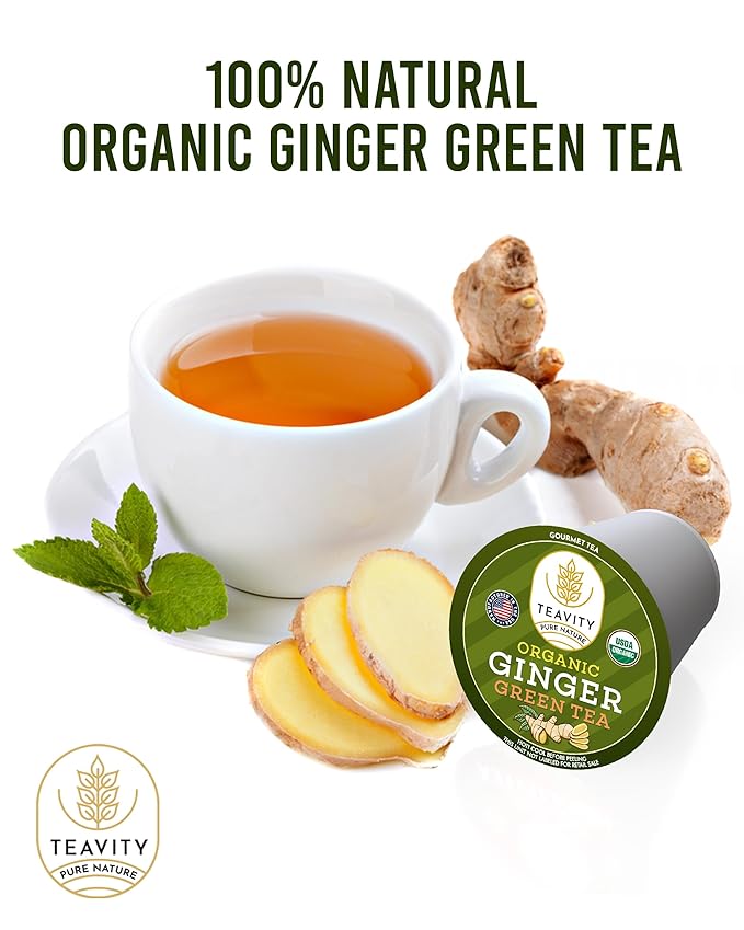 Green Tea & Ginger Tea Pods for Keurig - Caffeinated, Organic, Dye Free, Unsweetened, Herbal Blend for K Cup Machines - Hot or Iced (24 Tea Pods)