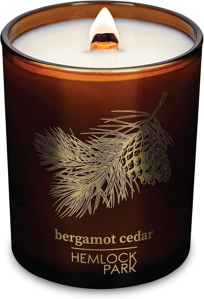 Hemlock Park Amber & Gold Wood Wick Candle Handcrafted with Natural Coconut Wax (Standard 7.2 oz, Bergamot Cedar)