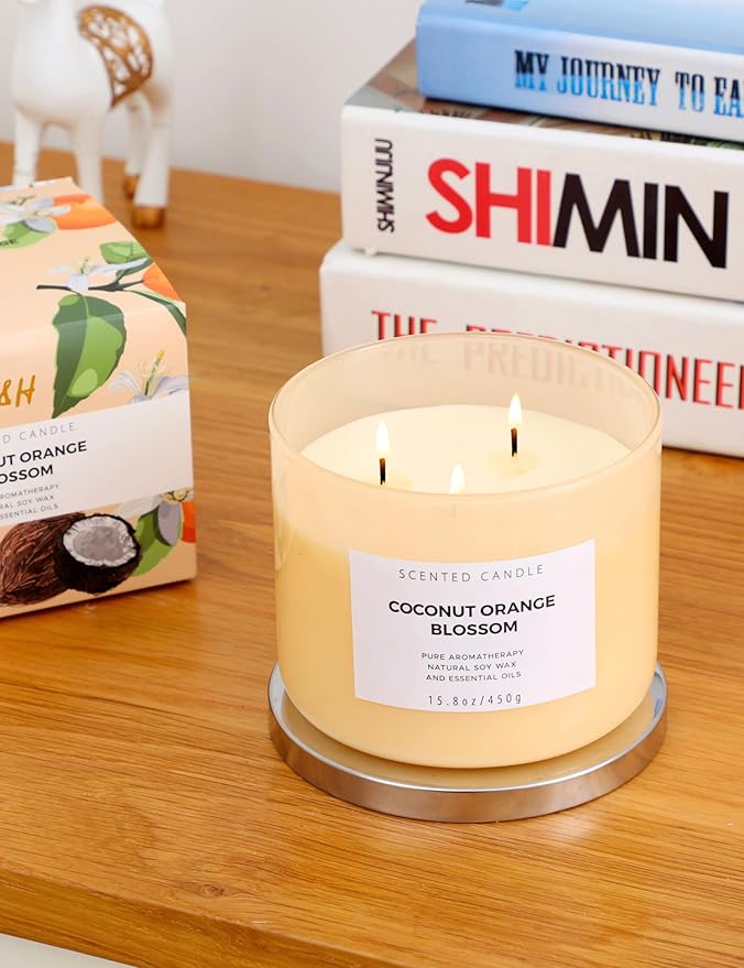 Coconut Orange Blossom 3 Wick Soy Candle, 15.8 oz - Tropical Coconut Scented Candle for Aromatherapy Stress Relief - Clean Burning, Long Lasting, Highly Scented Soothing Candles for Home