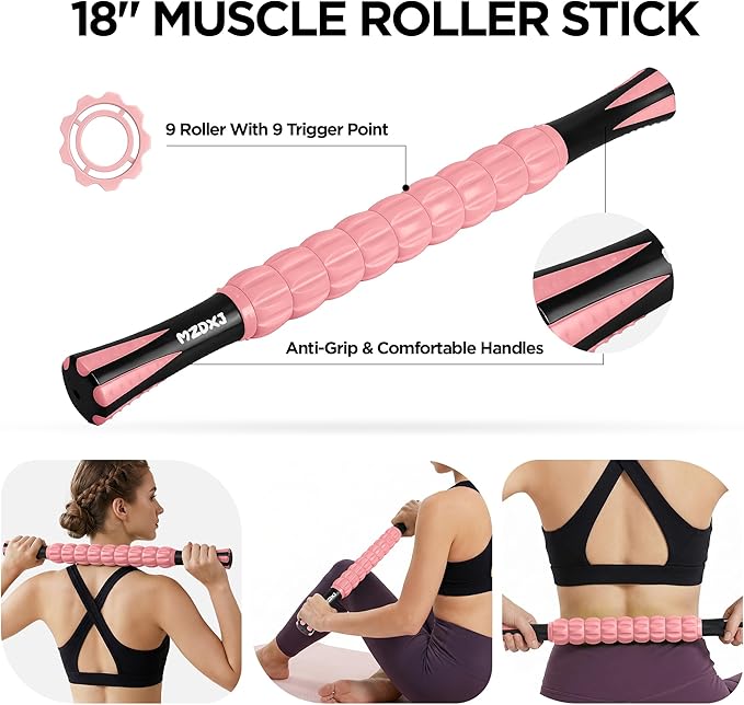 Muscle Roller & Massage Roller Stick for Athletes - Lymphatic Drainage Support, Relieves Muscle Soreness, Cramping & Tightness - Targets Legs, Arms, Back & Calves （Pink - 18inch）