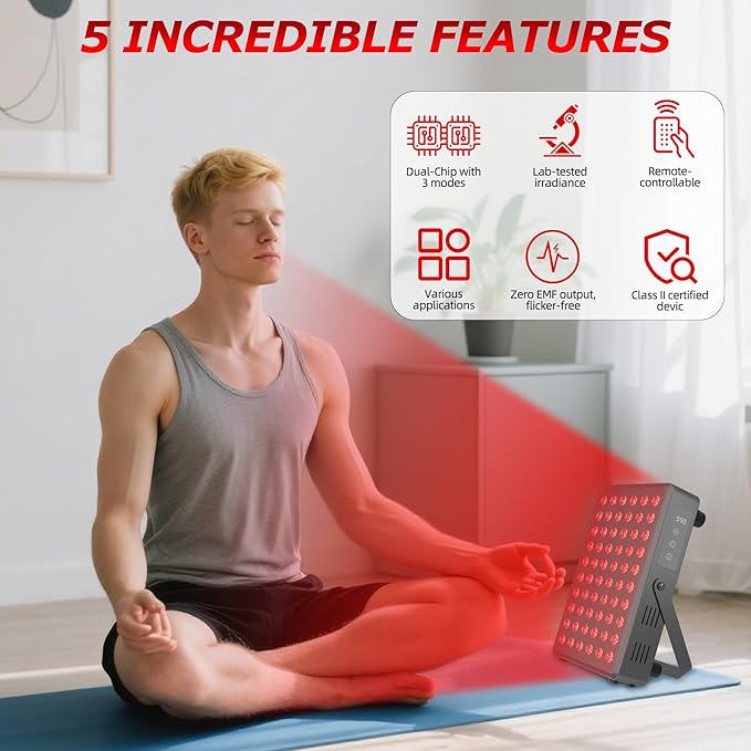 Red Light Therapy Panel for Body and Face, 660nm Red 850nm and Near Infrared Panel Built-in Timer, 60 LEDs High Power, Promote Sleep, Improve The Body, Relieve Muscle Fatigue（E300-Black)
