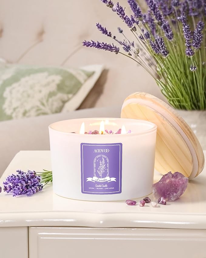 AOOVOO Lavender Scented Candles for Women - 20oz 3 Wick Soy Candles for Home Scented, Aromatherapy Candle with Crystals Inside, Birthday Gifts Christmas Candle for Women Mom