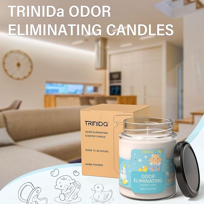TRINIDa Baby Powder Odor Eliminating Candles for Home Scented, Eliminates 99% of Pet, Smoke, Food and Other Smells Quickly, Highly Fragranced Candle, Premium Soy Candles Set for Women