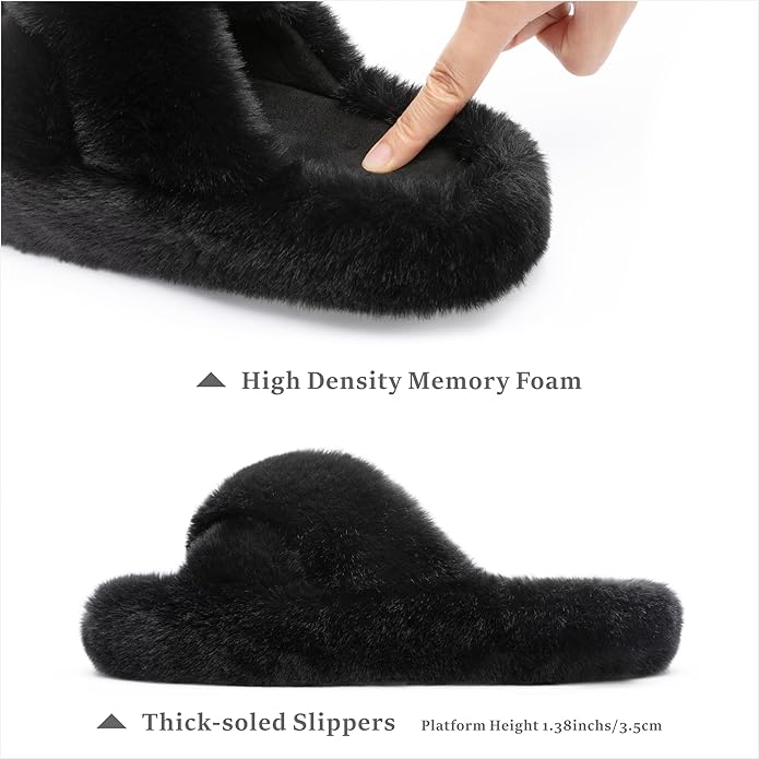Chantomoo Women's Blue Memory Foam Faux Fur Lined Open Toe Slippers for Women - US 12