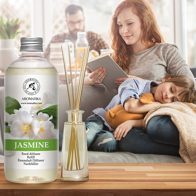 Jasmine Reed Diffuser Refill w/Natural Essential Jasmine Oil 17 Fl Oz - Fresh & Long Lasting Fragrance - Scented Reed Diffuser Oil Refill - Best for Aromatherapy - SPA - Home