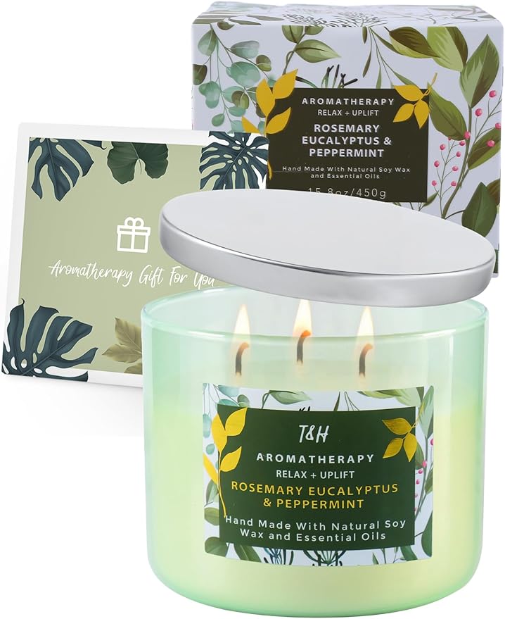 Rosemary Eucalyptus Peppermint 3-Wick Soy Candle 15.8 oz | Large Stress Relief Eucalyptus Candle for Home | Aromatherapy Relaxation Candles for Men & Women | Highly Scented, Long-Lasting Clean Burn