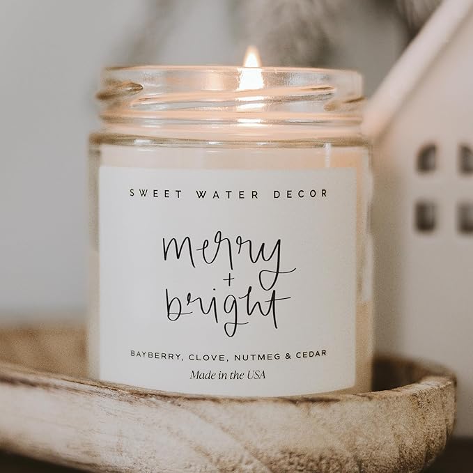 Sweet Water Decor Merry and Bright Candle - Bayberry, Fir, Nutmeg, and Clove Winter Holiday Scented Soy Candles for Home - 9oz Clear Jar, 40 Hour Burn Time, Made in The USA