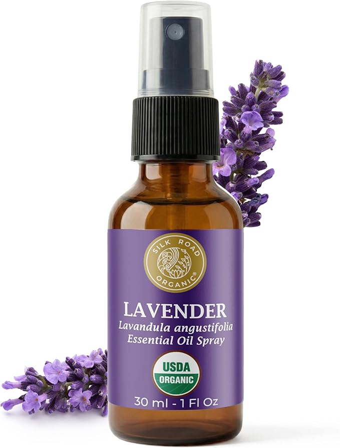 Silk Road Organic Lavender Essential Oil Spray, Lavandula Angustifolia, 100% Pure USDA Certified Aromatherapy for Calming, Relaxation & Skin – 1 oz Spray - Always Pure, Always Organic