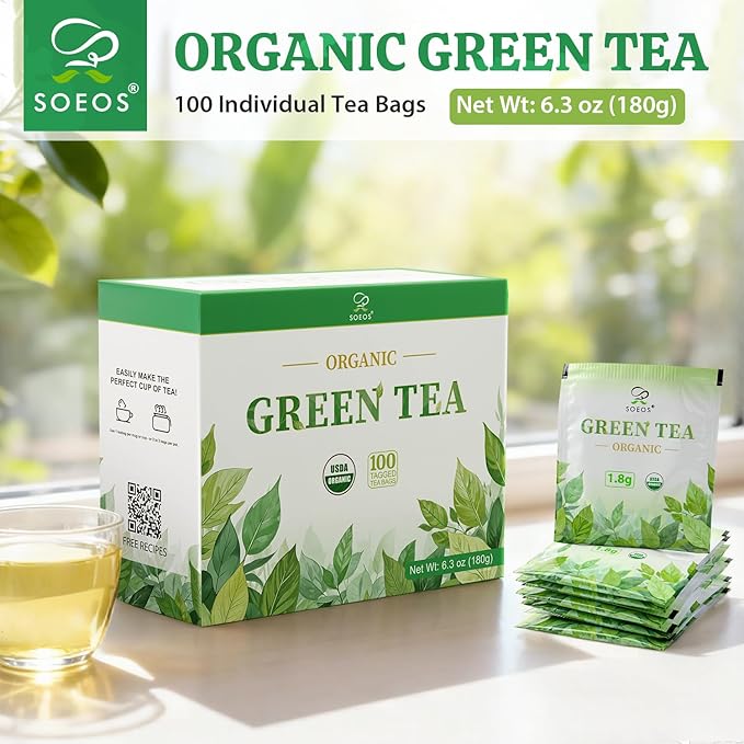 Soeos Organic Green Tea, 6.3 oz (180g), 100 Tea Bags, Refreshing and Fragrant, Sustainably Sourced, Ideal for Hot or Iced Tea, Long-Lasting Freshness