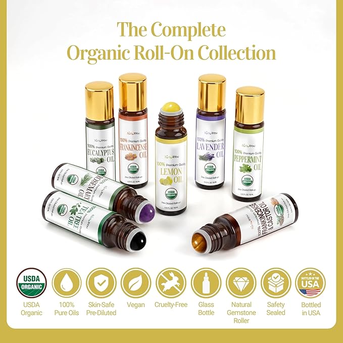 BodyJ4You Lemon Essential Oil Roll On - Pure 100% USDA Organic MCT Coconut Oil - Natural Yellow Jade Stone Roller - Uplift Aroma Wrist Neck Cuticle Breathwork - Amber Glass Bottle Rollerball (10ml)
