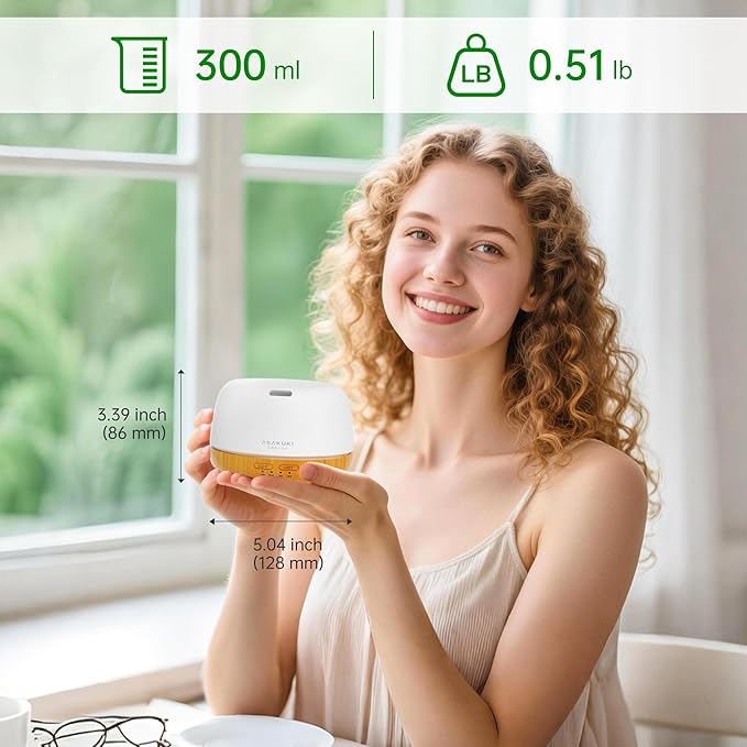ASAKUKI Essential Oil Diffuser, 300ml Ultrasonic Aromatherapy Oil Humidifier with 7 Colors Lights 2 Mist Mode for Home